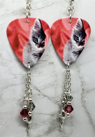 Gray Tabby Cat Guitar Pick Earrings with Mouse Charm and Swarovski Crystal Dangles