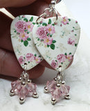Pink Rose Guitar Pick Earrings with Light Pink Swarovski Crystal Dangles