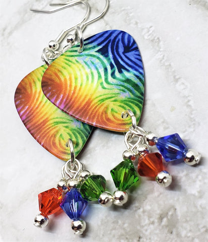 Striped Tie Dye Guitar Pick Earrings with Swarovski Crystal Dangles