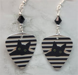 Black Cat in the Blinds Guitar Pick Earrings with Black Swarovski Crystals