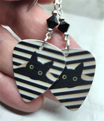 Black Cat in the Blinds Guitar Pick Earrings with Black Swarovski Crystals