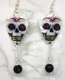 White Skull with Fuchsia and Black Deco Guitar Pick Earrings with Black Pave Dangles