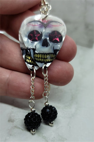White Skull with Fuchsia and Black Deco Guitar Pick Earrings with Black Pave Dangles