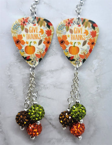 Give Thanks Autumnal Scene Guitar Pick Earrings with Pave Bead Dangles