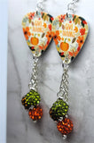 Give Thanks Autumnal Scene Guitar Pick Earrings with Pave Bead Dangles