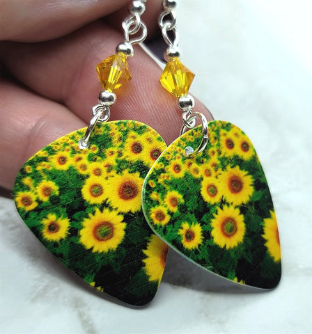 Field of Sunflowers Guitar Pick Earrings with Yellow Swarovski Crystals