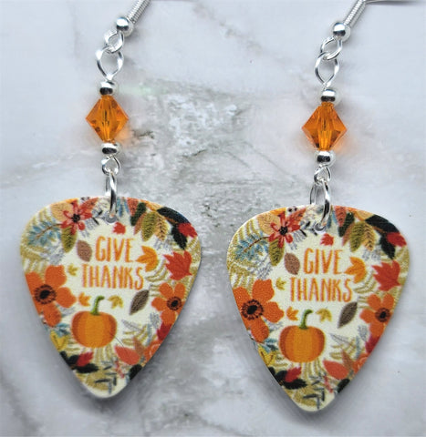 Give Thanks Autumnal Scene Guitar Pick Earrings with Orange Swarovski Crystals