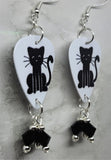 Black Cat Guitar Pick Earrings with Black Swarovski Crystal Dangles