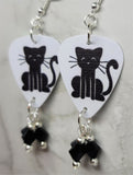Black Cat Guitar Pick Earrings with Black Swarovski Crystal Dangles