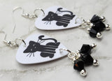 Black Cat Guitar Pick Earrings with Black Swarovski Crystal Dangles