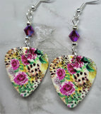 Leopard and Flower Printed Guitar Pick Earrings with Fuchsia ABx2 Swarovski Crystals