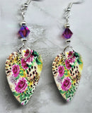 Leopard and Flower Printed Guitar Pick Earrings with Fuchsia ABx2 Swarovski Crystals