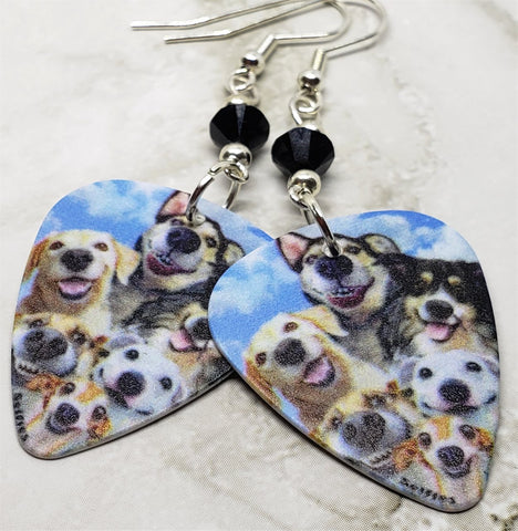 Dog Selfie Guitar Pick Earrings with Black Swarovski Crystals