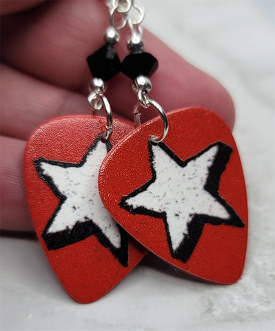 White Star on Burnt Red Guitar Pick Earrings with Black Swarovski Crystals