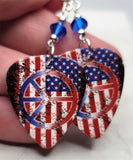 Distressed America Flag Peace Sign Guitar Pick Earrings with Blue Swarovski Crystals
