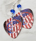 Distressed America Flag Peace Sign Guitar Pick Earrings with Blue Swarovski Crystals
