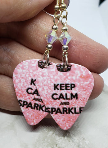 Keep Calm and Sparkle Guitar Pick Earrings with Clear AB Swarovski Crystals
