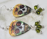 Green and Yellow Skull Guitar Pick Earrings with Green Swarovski Crystal Dangles