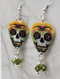 Green and Yellow Skull Guitar Pick Earrings with Green Swarovski Crystal Dangles