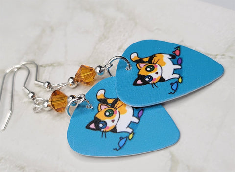Calico Cat Guitar Pick Earrings with Topaz Swarovski Crystals