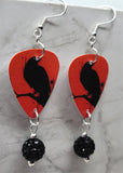 Raven on a Red Background Guitar Pick Earrings with Black Pave Bead Dangles