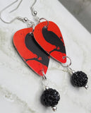 Raven on a Red Background Guitar Pick Earrings with Black Pave Bead Dangles