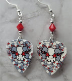 Skulls with Lightning and Stars Guitar Pick Earrings with Red Swarovski Crystals