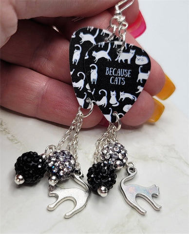 Because Cats Guitar Pick Earrings with Cat Charms and Pave Bead Dangles