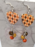 Autumnal Brown and Orange Argyle Guitar Pick with Pave Bead Dangles