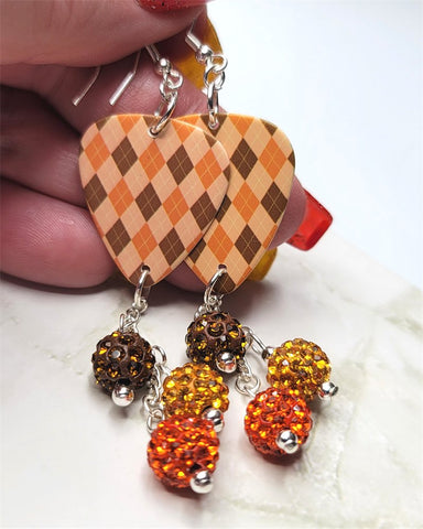 Autumnal Brown and Orange Argyle Guitar Pick with Pave Bead Dangles