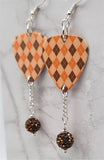 Autumnal Brown and Orange Argyle Guitar Pick with Brown Pave Bead Dangles