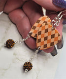 Autumnal Brown and Orange Argyle Guitar Pick with Brown Pave Bead Dangles