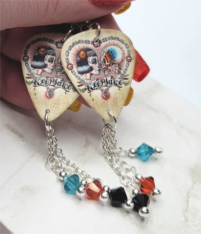 Sugar Skull Pair in a Heart Guitar Pick Earrings with Swarovski Crystal Dangles