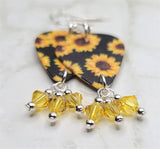 Sunflowers Guitar Pick Earrings with Yellow Swarovski Crystal Dangles