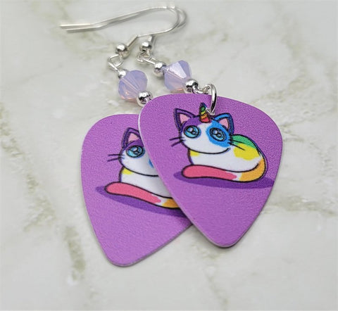 Calico Caticorn Guitar Pick Earrings with Violet Opal Swarovski Crystals