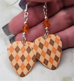 Autumnal Brown and Orange Argyle Guitar Pick with Orange Swarovski Crystals