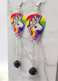 Rainbow Unicorn Guitar Pick Earrings with Purple Pave Bead Dangles
