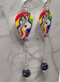 Rainbow Unicorn Guitar Pick Earrings with Purple Pave Bead Dangles