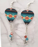 Teal and Orange Southwestern Patterned Guitar Pick Earrings with Cactus Charms and Swarovski Crystal Dangles