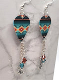 Teal and Orange Southwestern Patterned Guitar Pick Earrings with Cactus Charms and Swarovski Crystal Dangles