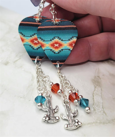 Teal and Orange Southwestern Patterned Guitar Pick Earrings with Cactus Charms and Swarovski Crystal Dangles