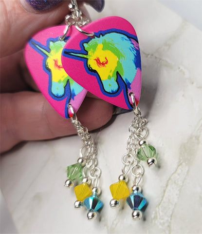 Colorful Unicorn Silhouette Guitar Pick Earrings with Swarovski Crystal Dangles