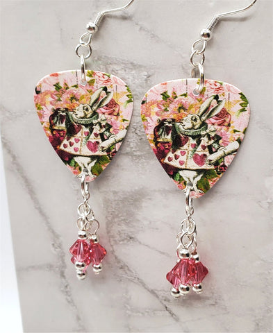 Sir John Tenniel's Alice in Wonderland White Rabbit Guitar Pick Earrings with Pink Swarovski Crystal Dangles