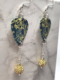 Yellow Floral Pattern on Blue Guitar Pick Earrings with Pale Yellow Pave Bead Dangles