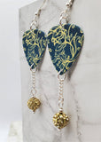 Yellow Floral Pattern on Blue Guitar Pick Earrings with Pale Yellow Pave Bead Dangles