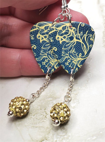 Yellow Floral Pattern on Blue Guitar Pick Earrings with Pale Yellow Pave Bead Dangles