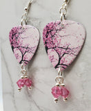 Cherry Blossom Tree Guitar Pick Earrings with Pink Swarovski Crystal Dangles
