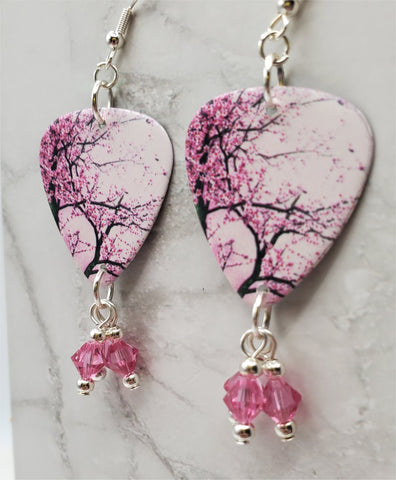 Cherry Blossom Tree Guitar Pick Earrings with Pink Swarovski Crystal Dangles