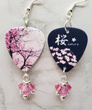Cherry Blossom Tree Guitar Pick Earrings with Pink Swarovski Crystal Dangles