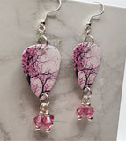 Cherry Blossom Tree Guitar Pick Earrings with Pink Swarovski Crystal Dangles